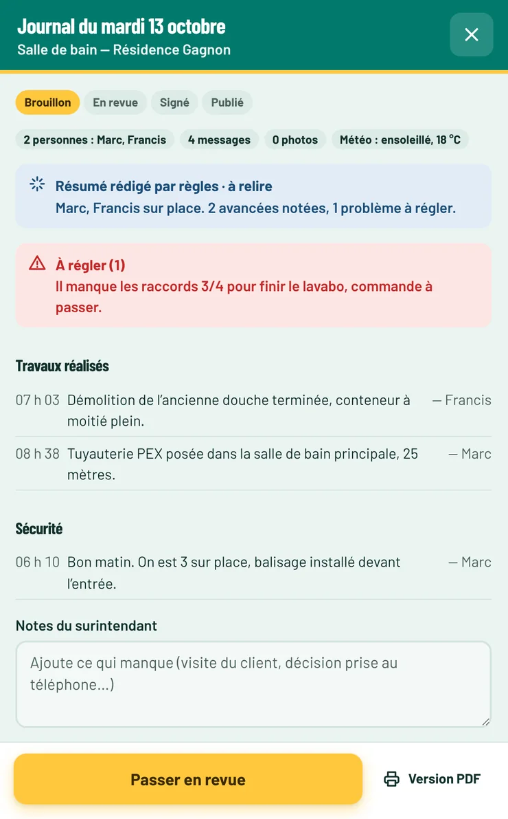 Journal du mardi 13 octobre rédigé automatiquement à partir des messages du chantier.
