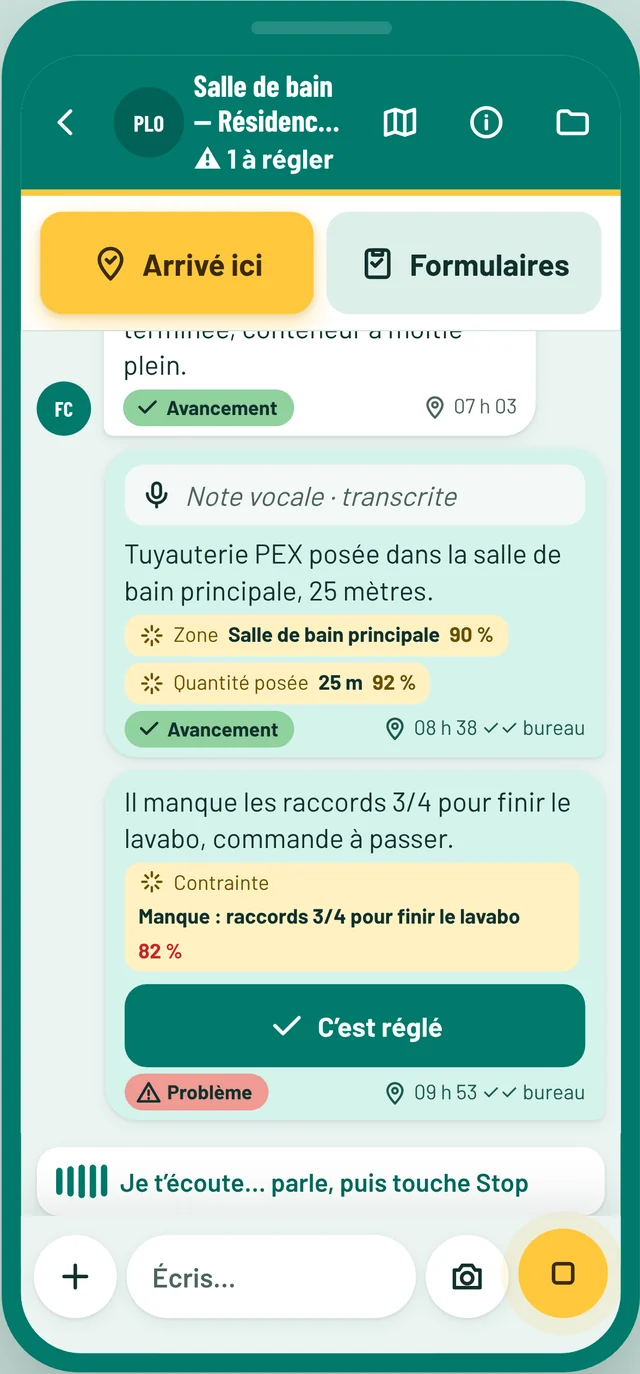 Dictée d'une note vocale dans BonMatin sur le téléphone.